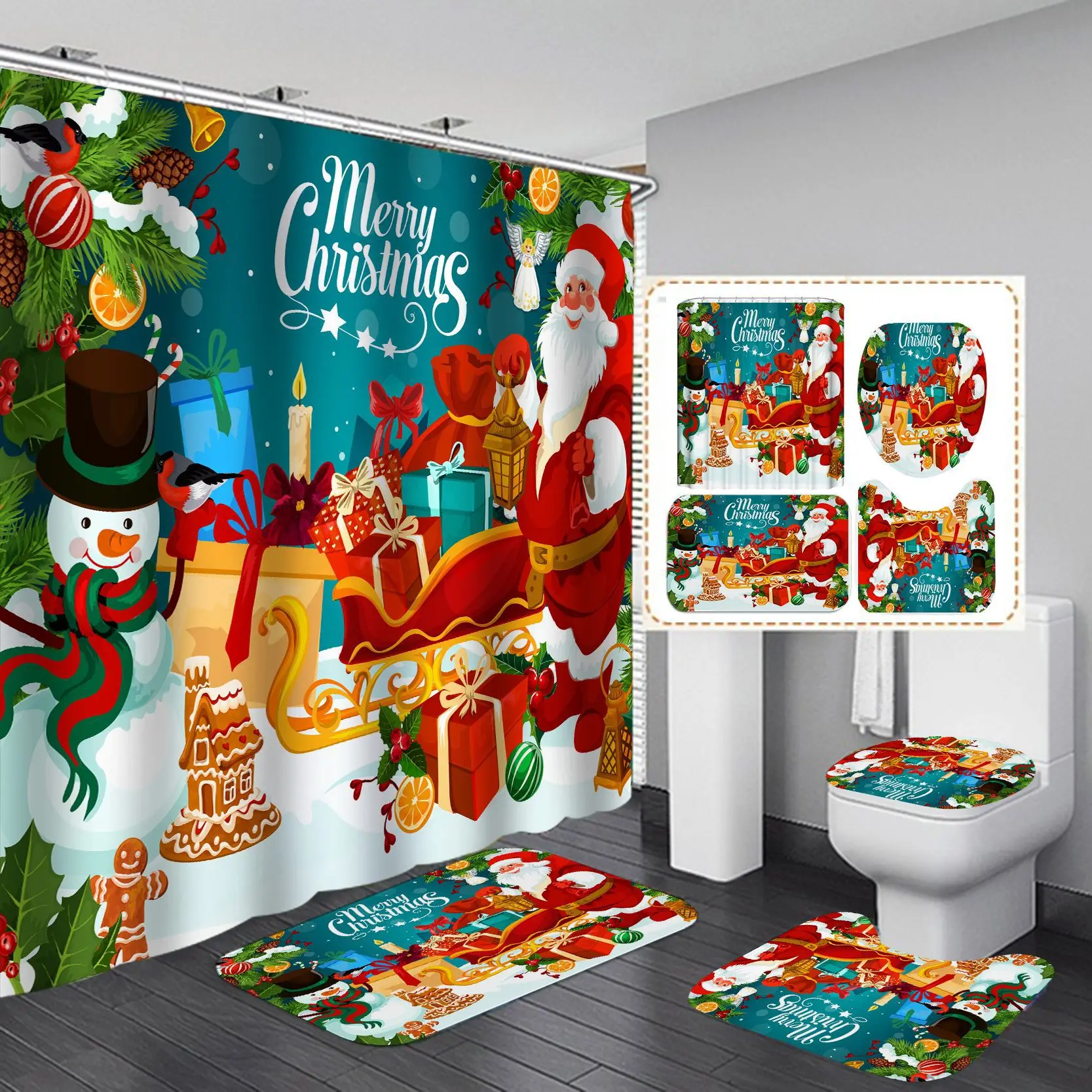 Luxury Designer Christmas Digital Print Cortinas De Bano Bathroom Rug And Shower Curtains Set With Rugs