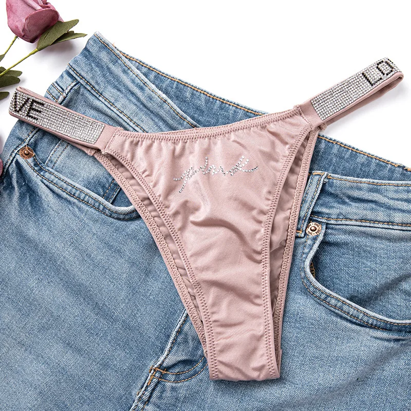 LOVE rhinestone side strap hot sexy panties photos Low waist comfortable ice silk  ladies cotton underpants