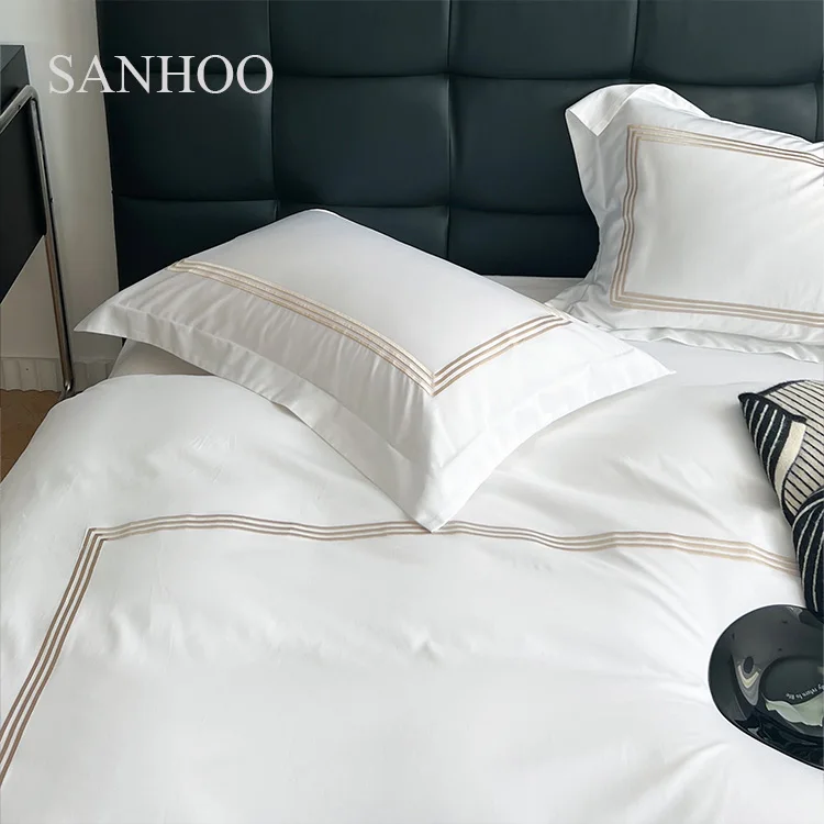SANHOO Hotel Bedsheet White Embroidery 400 TC Percale Queen King Hotel Linen Bedding Set