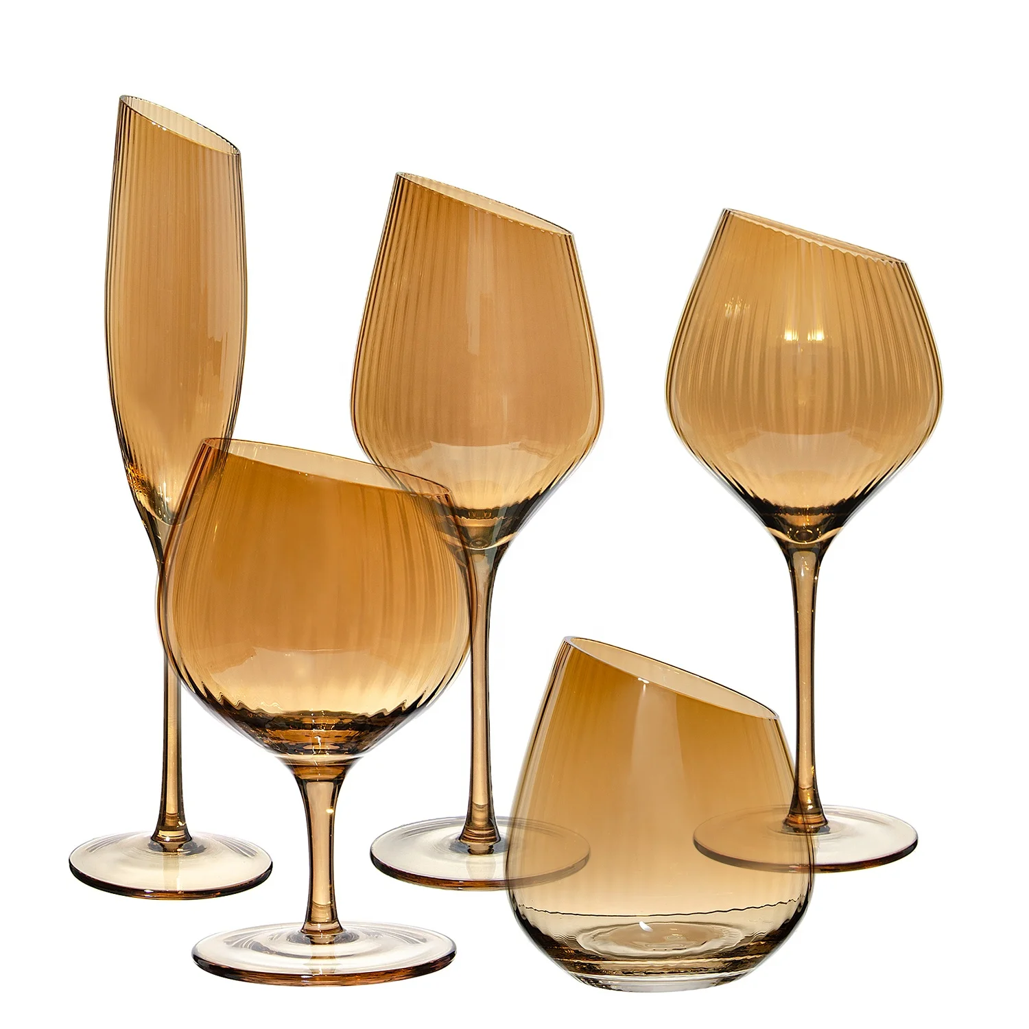 wedding Crystal Round goblet amber Colored slanted Ribbed white Red Wine Glasses set of 6