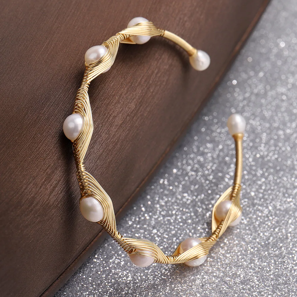 LS-E960 natural wire wrapped white pearl Bracelet with gold handmade beads Bangle woman fashion wedding Bracelet Jewelry Gift