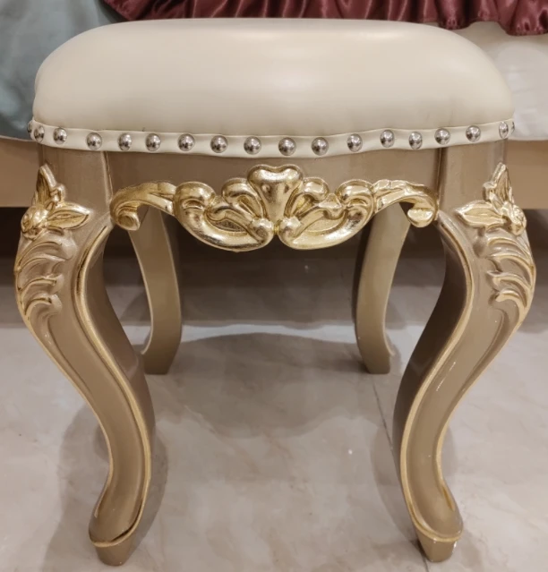 European luxury classical style wooden high stool set carved solid wood frame genuine leather bedroom furniture bed stool