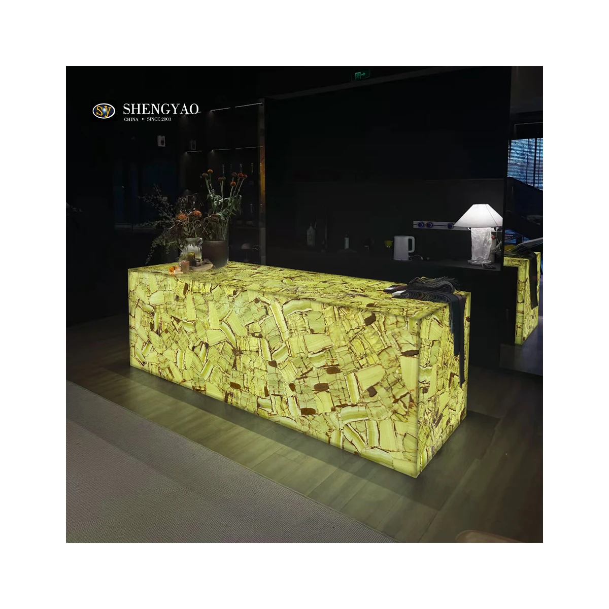 Custom Natural Backlit Design Green Translucent Onyx Jade Illuminated Island Countertop