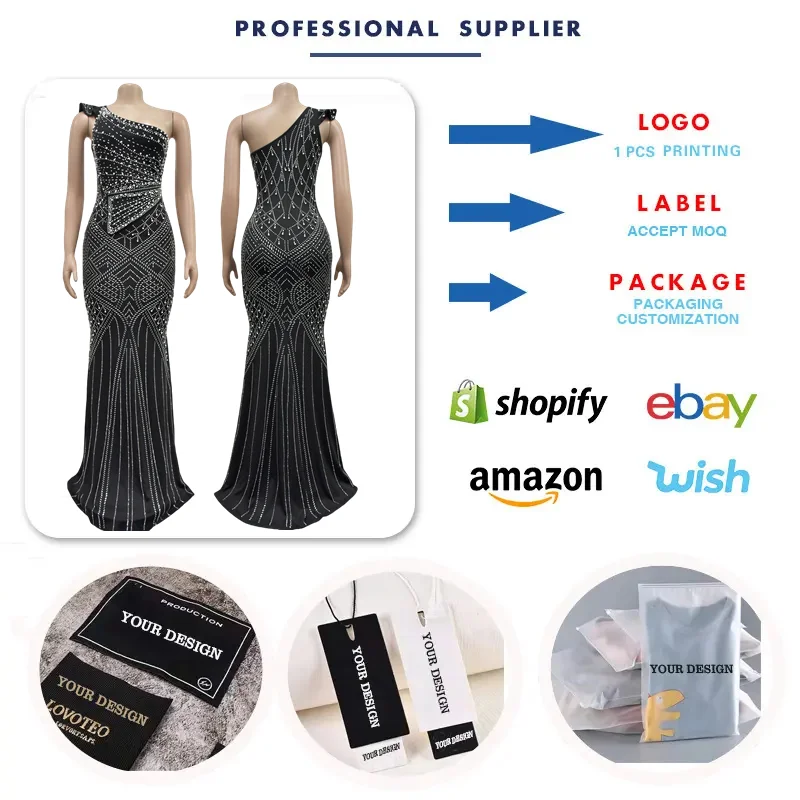 C6818 Trendy Club Dresses Women Solid Color Rhinestone Diagonal Neck Long Dress Women Party Gowns For Women Evening Dresses