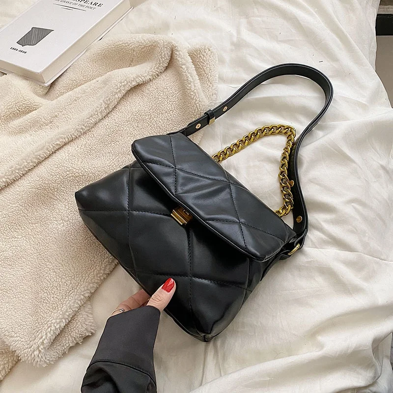 Retro diamond simple chain all-match trendy PU soft leather women handbags