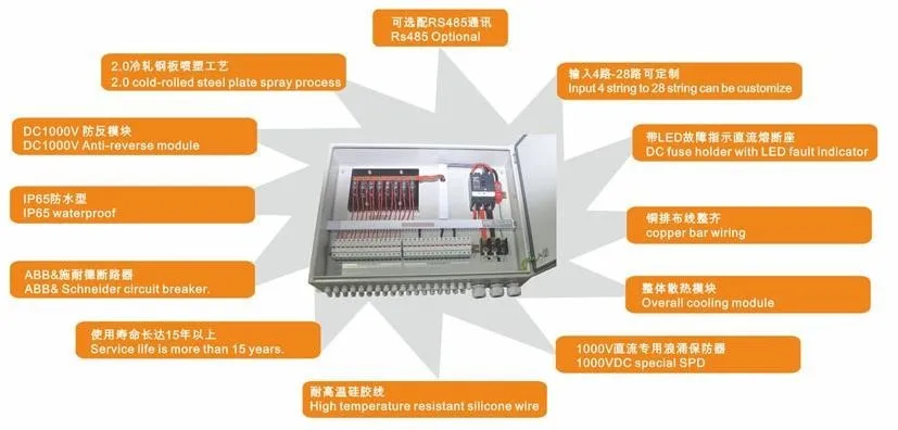 on/off grid solar power system 10 input 2 output Stainless steel DC combiner box with fuse