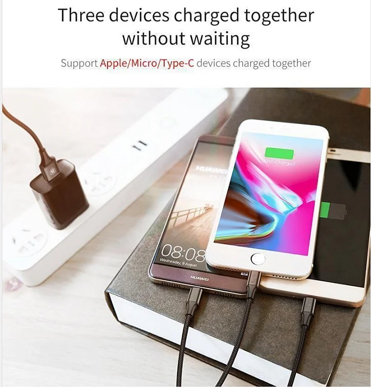 2021 Wholesale Durable Data 3 in 1 Fast USB Charging Cable Universal Multi Function Cell Phone/Type-C/Android Charger Cord