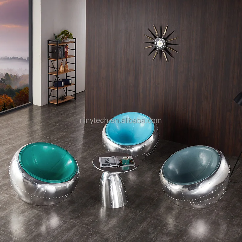 French style royal aluminum backside leather swivel armchair and table leisure chair set for living room office room