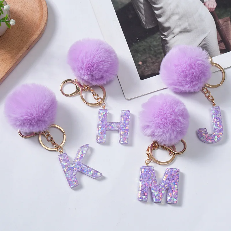 Soft Pom Pom Balls Keychain Fashion Letter Acrylic Keyrings Bag Decoration Car Key Accessories Anti-Lost Key Chain Custom Logo
