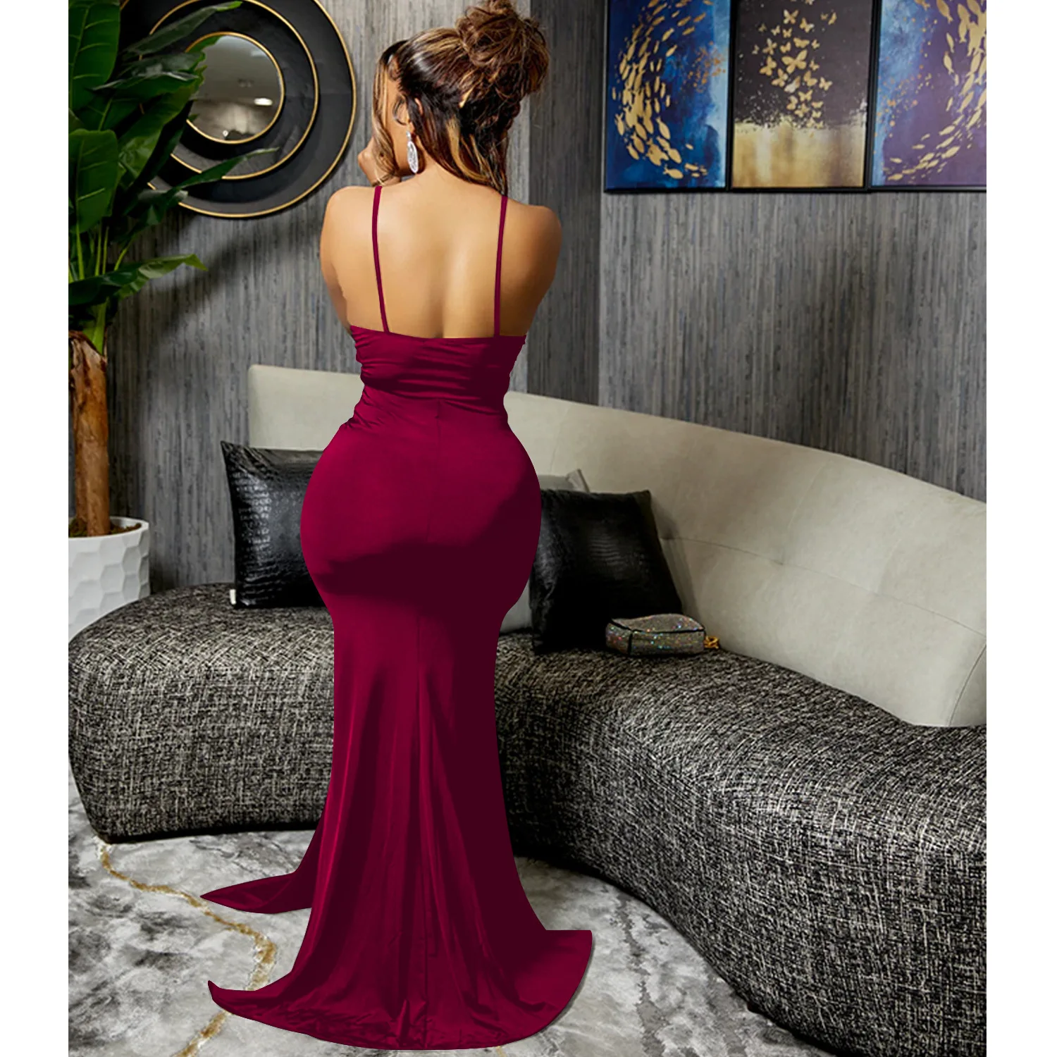 bridal gowns wedding dress Burgundy elegant sexy V-neck Elegant Sling strap backless irregular dress Birthday Outfit For Women