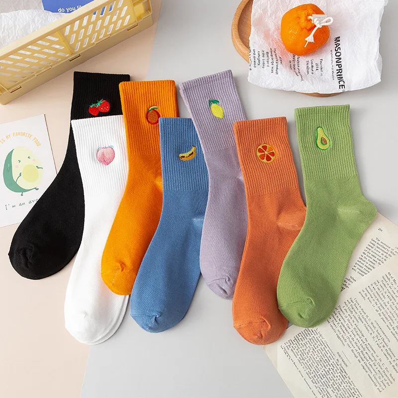 Cute Cartoon Fruit Print Banana Cherry Peach Girls Socks Korean Funny Long Custom Logo Socks Embroidered