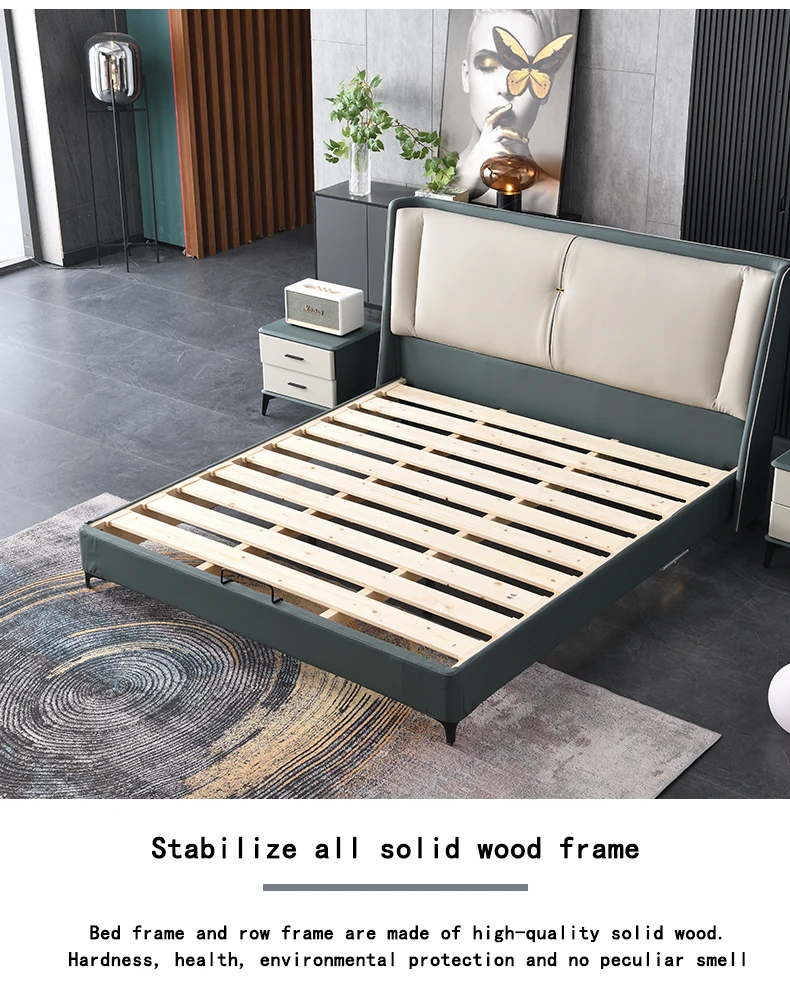 Simple bedroom furniture leather Upholstered solid wood king bed home hotel bed bedroom bed