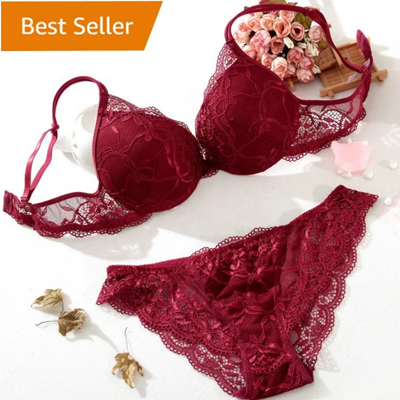 2023 Hot sale Women Fashion 2 Piece Solid sexy Transparent Lace Underwire bras Push Up Underwear Panty Bra Brief Set