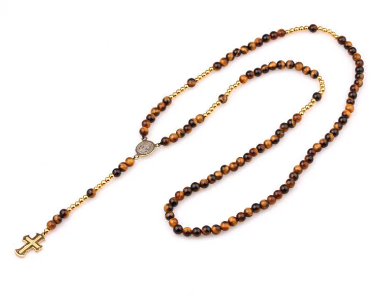 Rosary Jewelry Necklace Gold Stainless Steel Bead and Cross Gemstone Men and Women Necklaces Tiger Eye JNK9198 Renting CN;ZHE