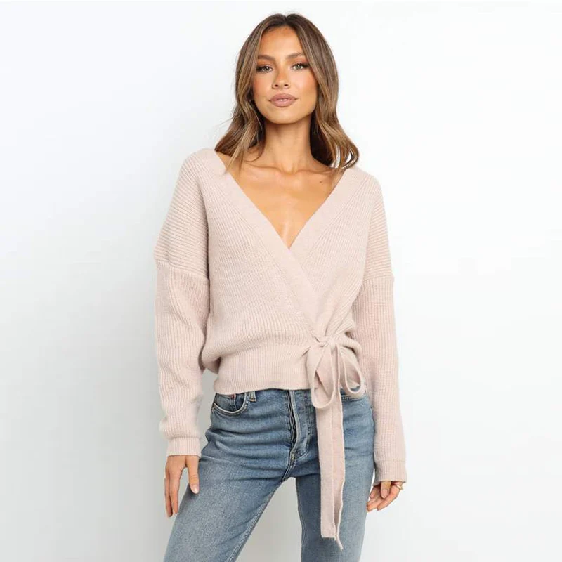 Ladies loose fit long sleeve v neck wrap around waist knit pullover