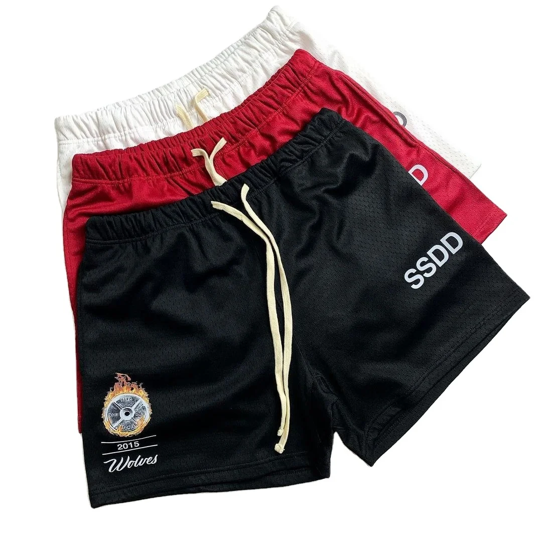 Мужские беговые шорты из сетчатой ткани, однотонные шорты выше колена на шнуровке для спортзала, тренировочные плавки, Мужская баскетбольная спортивная одежда, шорты