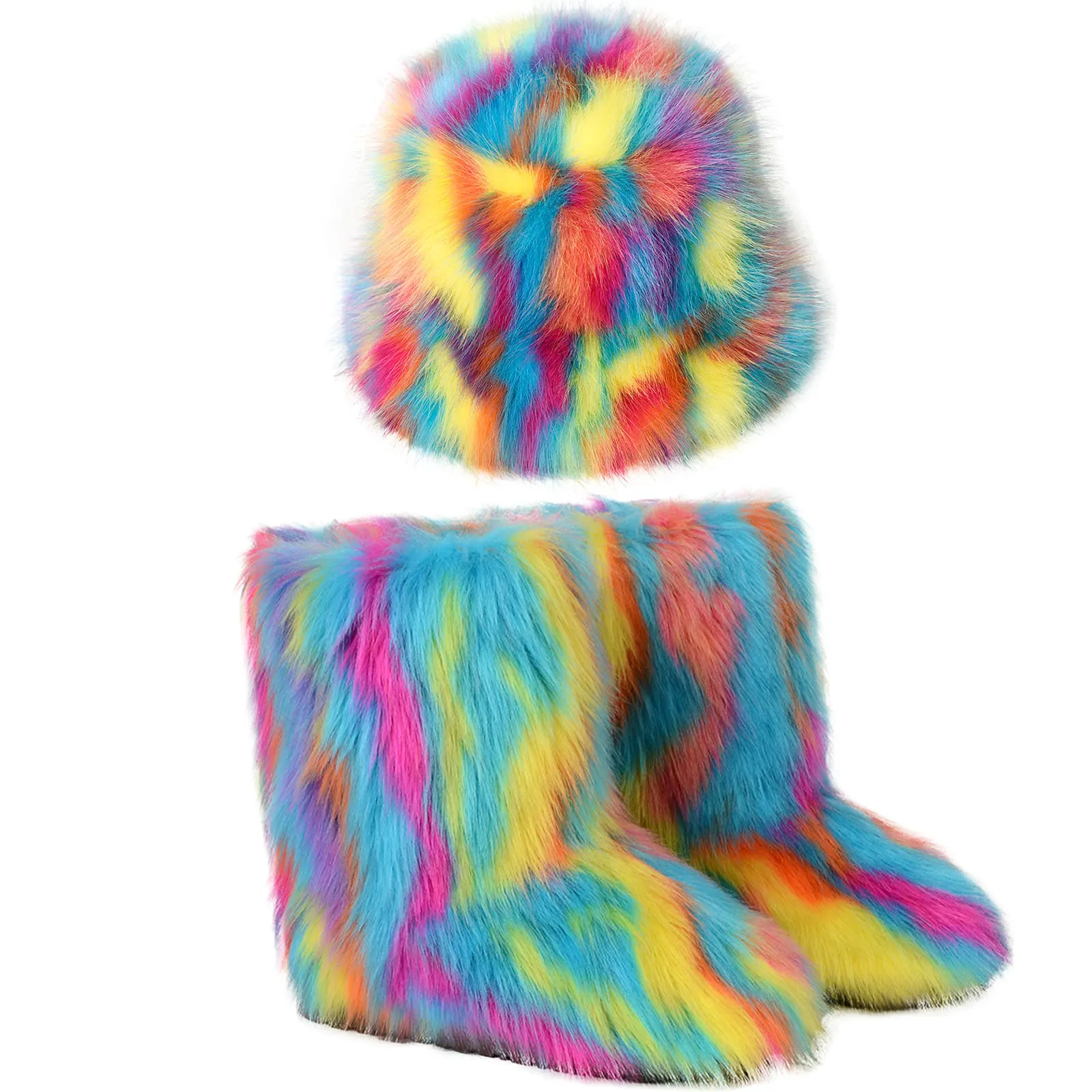 Winter new Europe American fashion women plush snow boots and hat two piece set Colorful Fur Bucket Hat Warm Fur ankle Boots