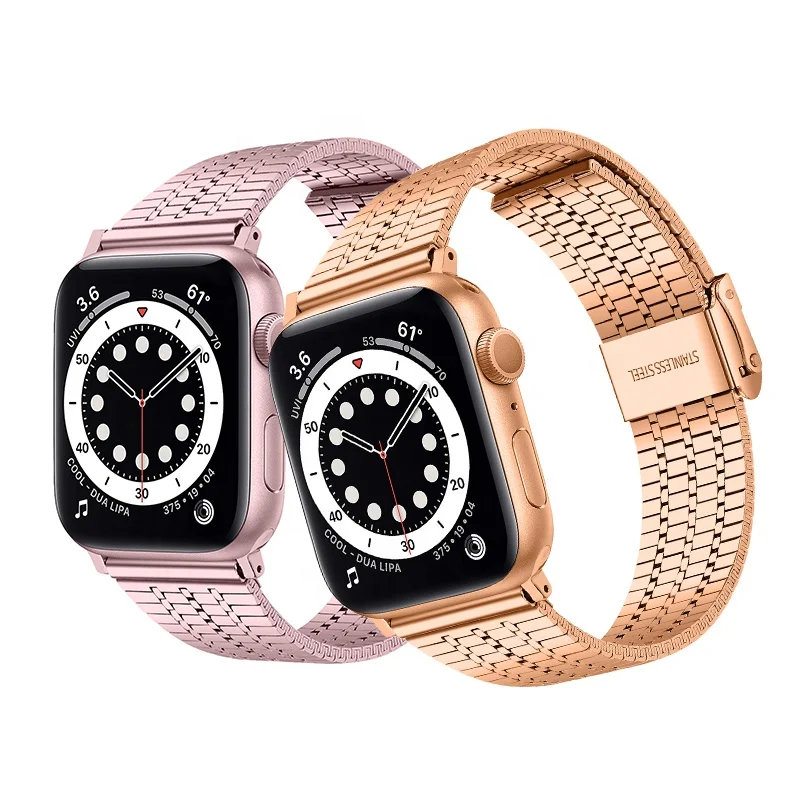 
High-grade Stainless Steel Seven-bead Double Insurance Buckle Strap for Apple Watch SE/6/5/4/3/2/1 Metal Buckle Watch Band 
