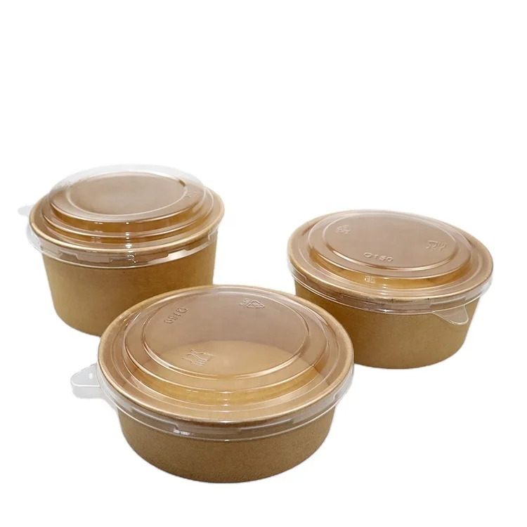 Custom 500ml 750ml 1000ml 1300ml Brown Kraft Bamboo Paper Salad Bowl Food Container With PLA Lids