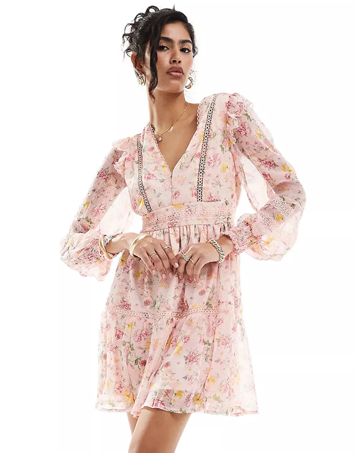 Deep V Neck Volume Sleeves Lace Insert Dusty Pink Chiffon Dresses For Women