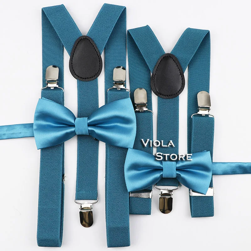 Soild 2.5cm Suspenders Glossy Bowtie Set Men Kids Red Brown Polyester Butterfly Y-Back Braces Party Dinner Shirt Pants Accessory