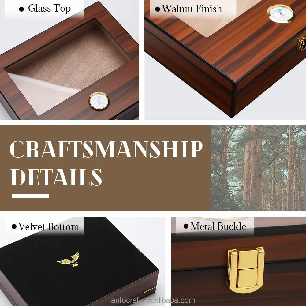 Spanish Cedar Tray Divider Humidifier Wooden Glass Top Cigar Box with Hygrometer Gift for Men Holding Cigars