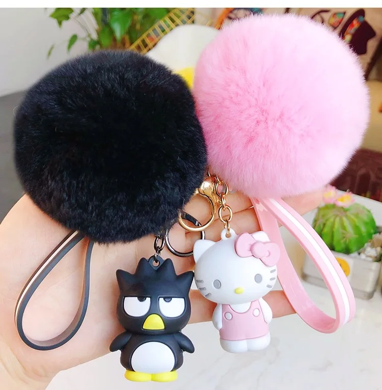Cartoon Penguin frog rabbit keychains with fluffy rabbit fur ball key chain Women Girls bag pendant car keyring charm gifts