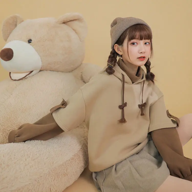  Harajuku эстетику Медведь Аниме Толстовка для женщин в Корейском стиле рубашка с длинными рукавами и круглым вырезом больших размеров уличная Kpop осенне зимняя одежда