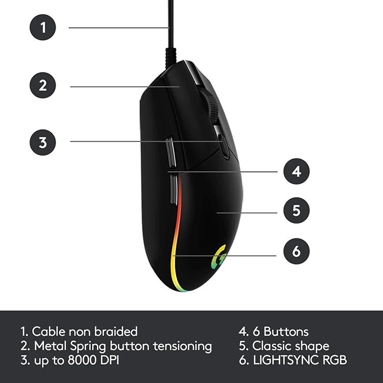 Original Logitech G102 Lightsync 8000 Dpi 6 Buttons Rgb Backlight Usb Wired Optical Gaming Mouse