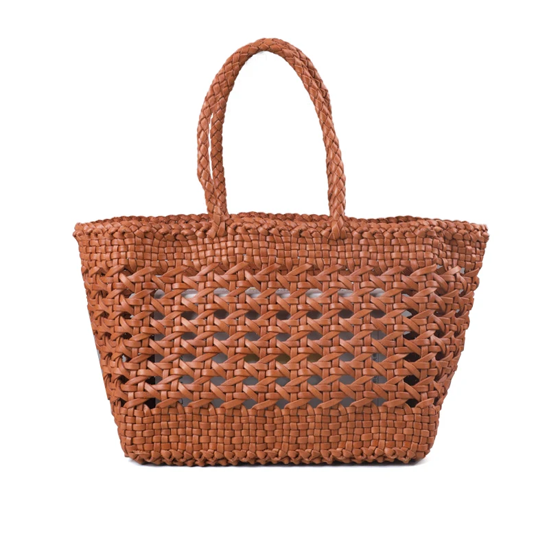 2024 Fashion Custom Logo Straw Woven Tote Bags For Women Reusable Large Capacity Ladies Luxury Grain Leather Braided Tote Bags