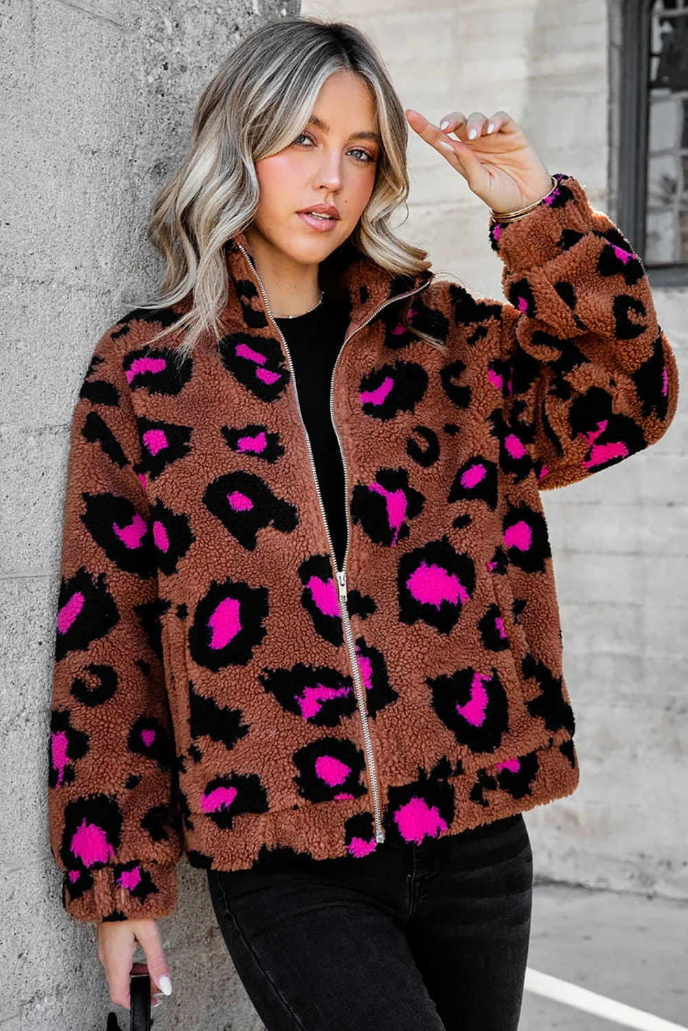 Dear-Lover Western Clothing Custom Winter Warm Leopard Zip Up Stand Collar Sherpa Teddy Women Fleece Jacket