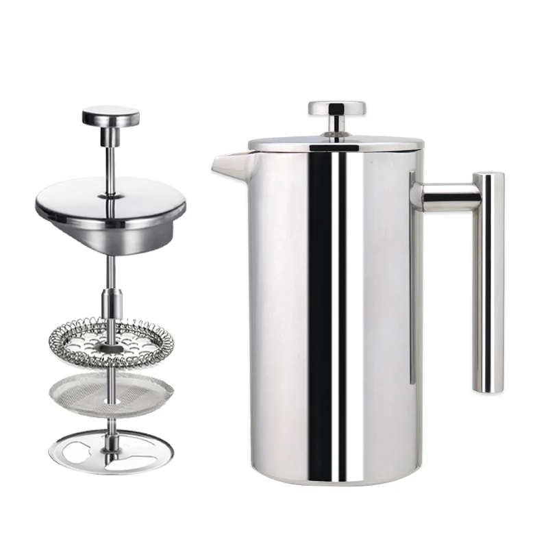 custom logo double wall coffee plunger cafetiere french press 304 stainless steel coffee maker 1000ml replacement filter screen