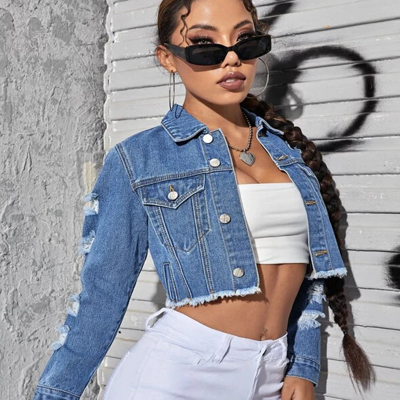 Wholesale Custom Logo Women Blue Jean Jacket Women Ripped Short Denim Jacket