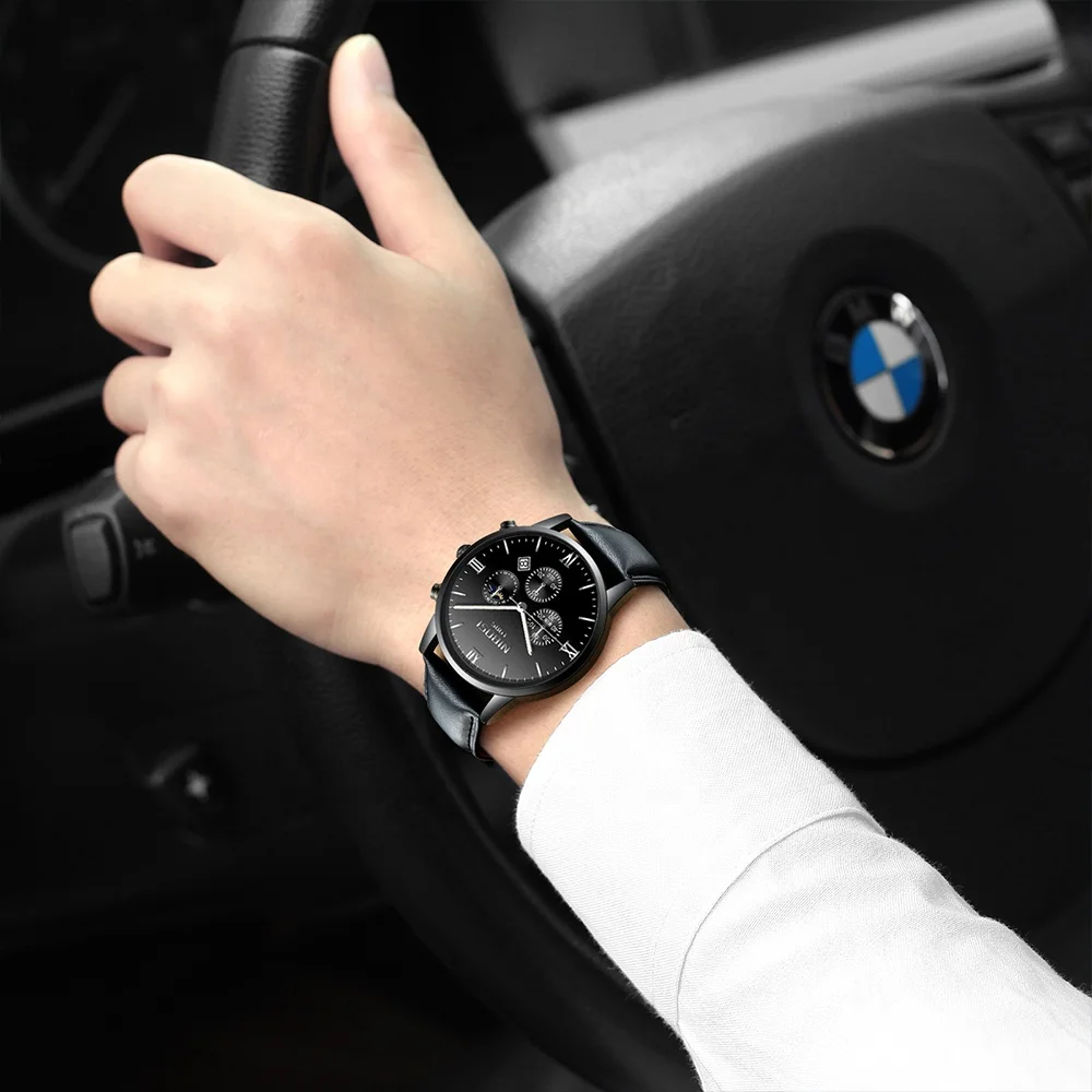 NIBOSI 2325 Fashion Mens Watches Top Brand Luxury Big Dial Quartz Watch Leather Waterproof Sport Chronograph Watch Men