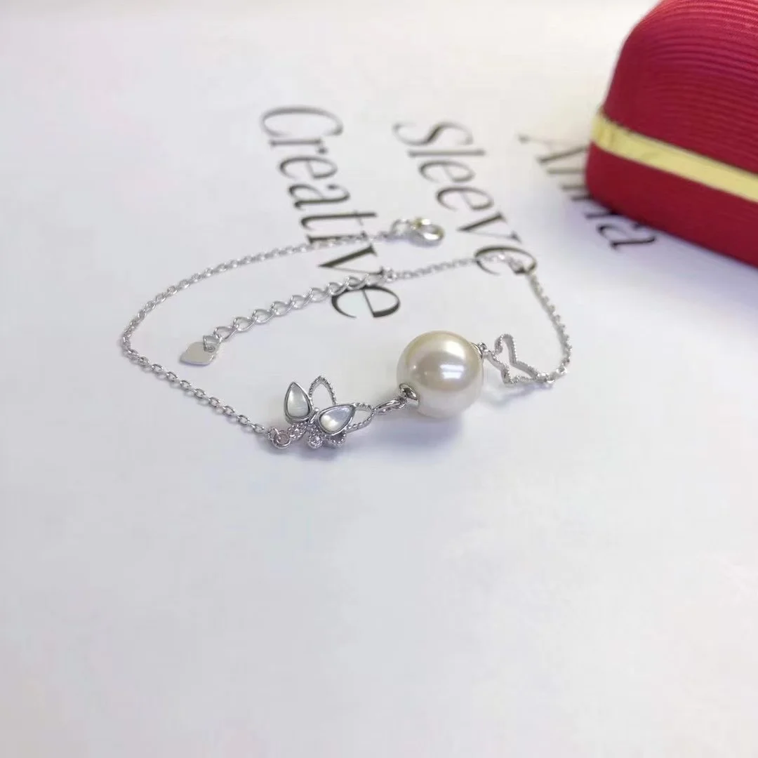 B395 8-9mm 925 sterling silver gold plated wholesale freshwater pearl charm bracelet  bangle fancy jewelry for women