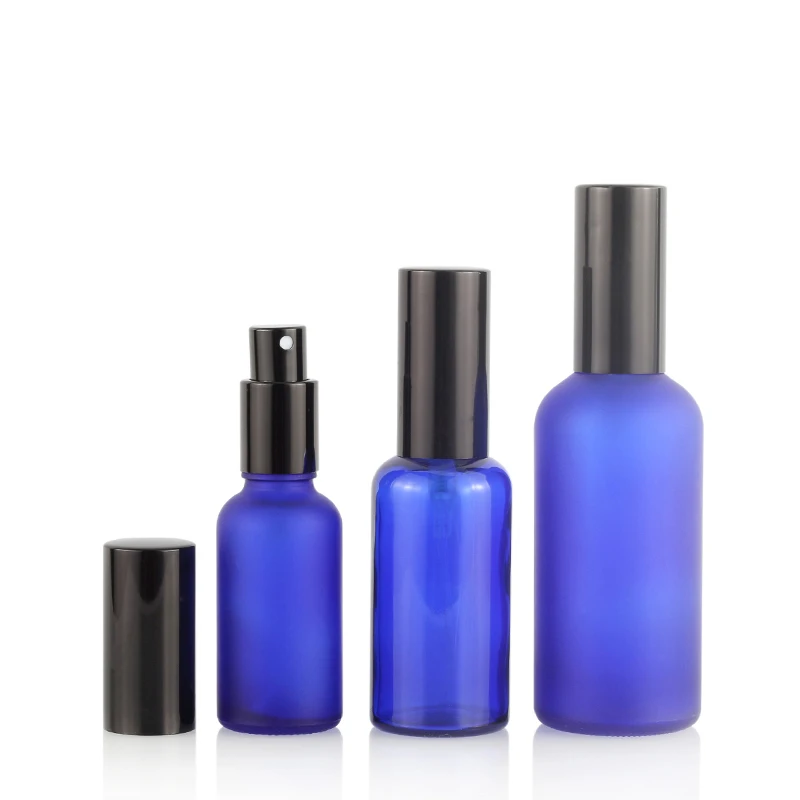 Full Set 10Ml 20Ml 30Ml 50Ml Blue Cylinder Glass Oil Bottle Gold Aluminum Pump Spray Bottles