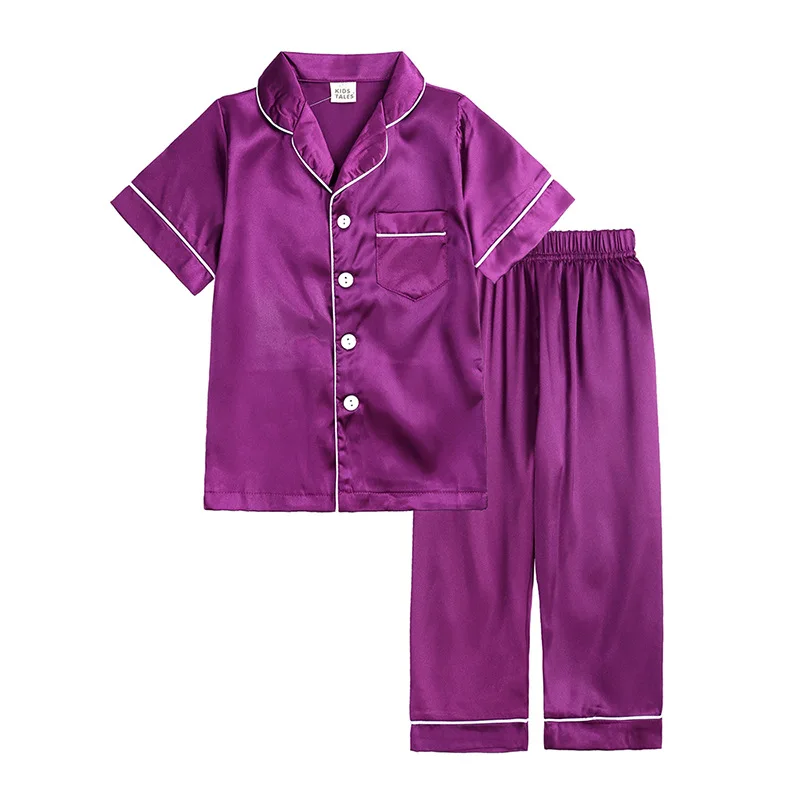 
Summer Short Sleeve Turn Down Collar 2021 Children Silk Imitation Boys Girls Baby Pyjamas Two Pieces set Kids Home Wear 