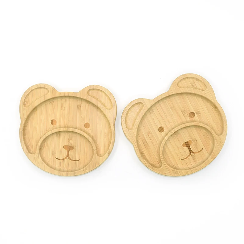 Custom Shape Eco-friendly Bamboo Baby Brown Bear Shape Plate With Suction Bamboo Professional Wooden Plate Set