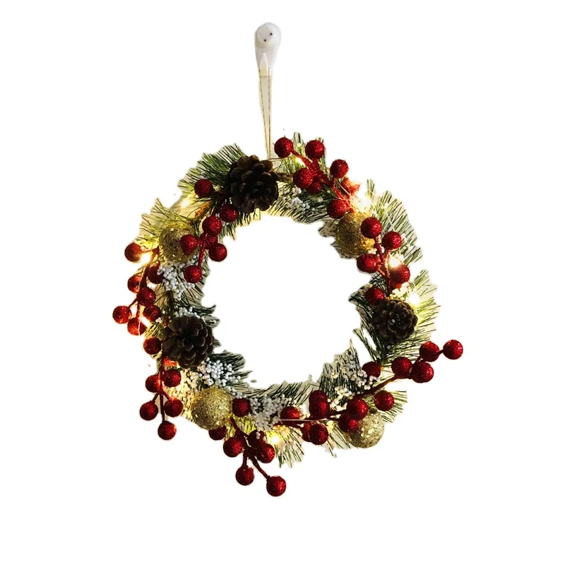 Spruce Wreath with Silver Bristles Cones Red Berries Warm White LED Lights with Timer Christmas Wreath (1600471885844)
