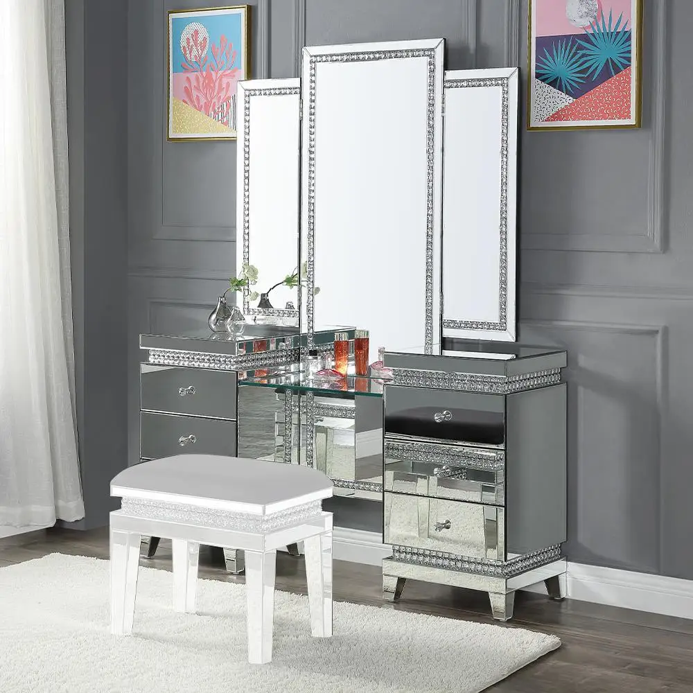 Best seller bedroom furniture mirrored and faux crystal vanity table with LED