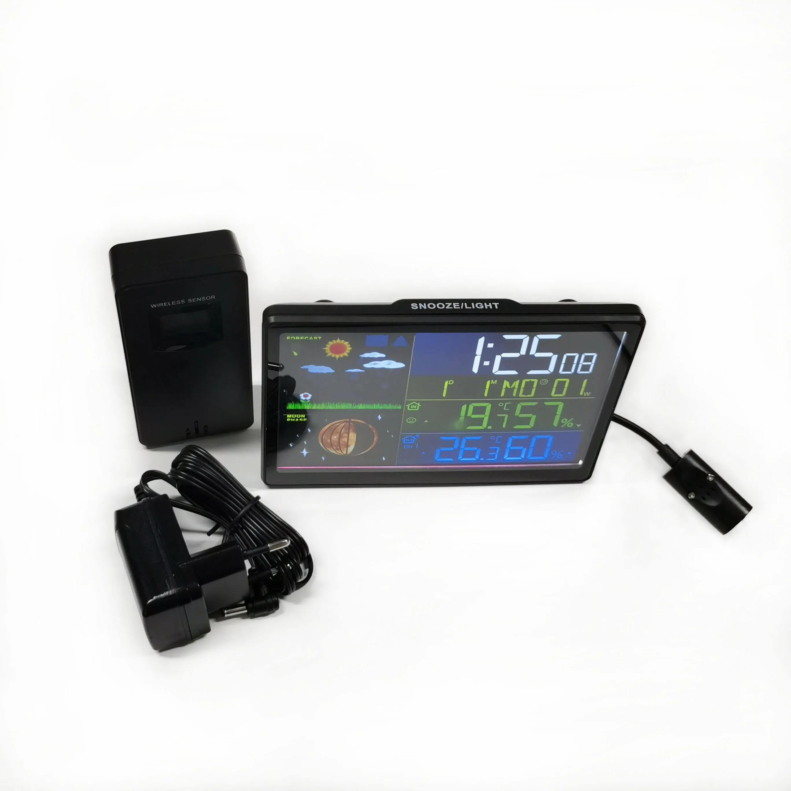 Radio controlled weather station with VA-color display Alarm Clock Wireless Sensor Battery Includes Barometer