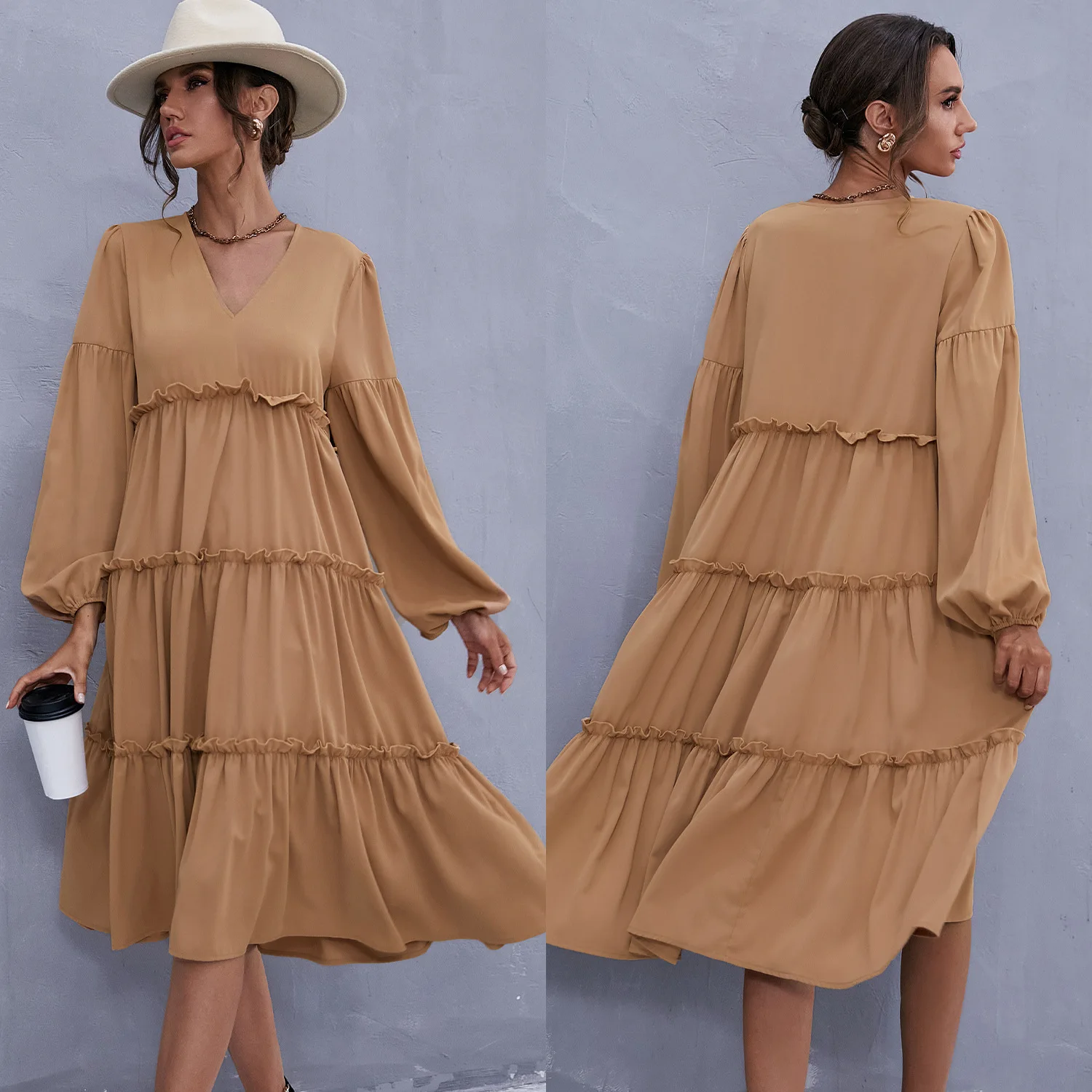 Casual style balloon sleeve v neck pleated tiered A line big hem long midi dresses for holiday