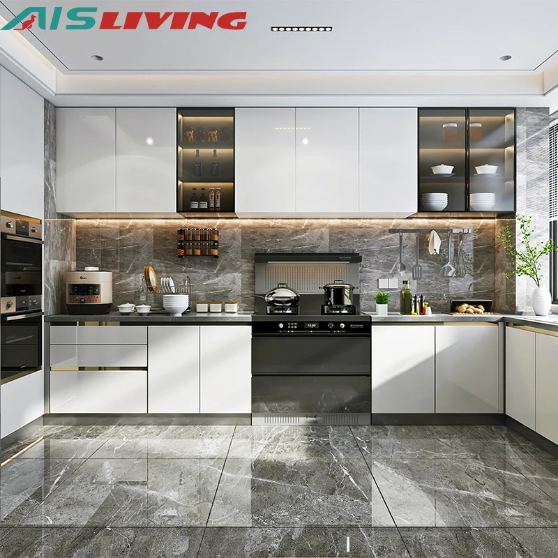 AIS high quality kitchen cabinets with cupboard high gloss melamine tiny home kitchen cabinet modern full sets
