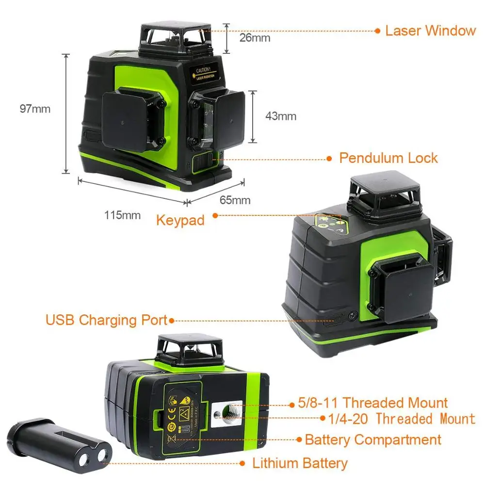 Pro Huepar OSRAM Rechargeable GF360G,Multi line Outdoor Pulse Mode,Green Beam 3D 12 Cross Line Rotary Land Nivel Laser Level