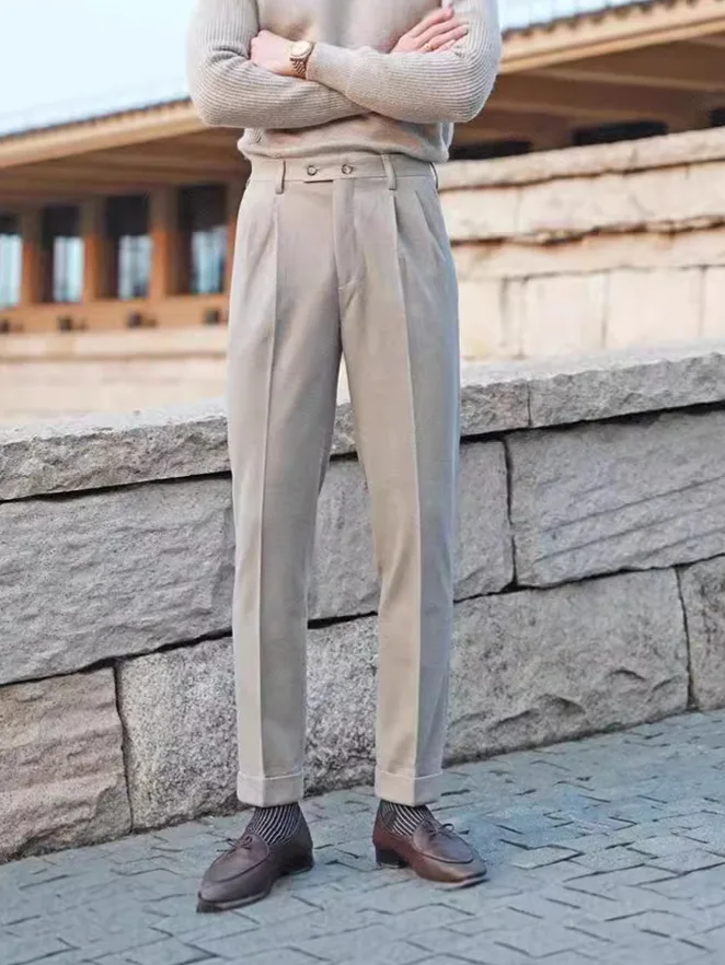 MCP054 Italian Style Mens Naples Trousers High Waist Side Buckle Pant Fitness Double Pleated Mens Business formal Pants