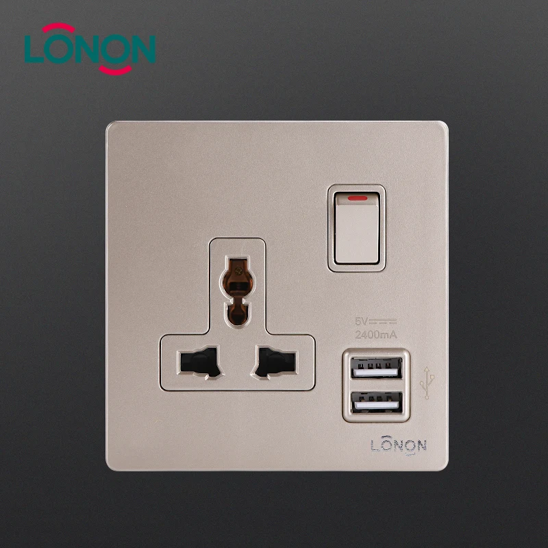 Многофункциональный золотой Универсальный 13a 1 gang Электрический настенный выключатель розетка с USB порт