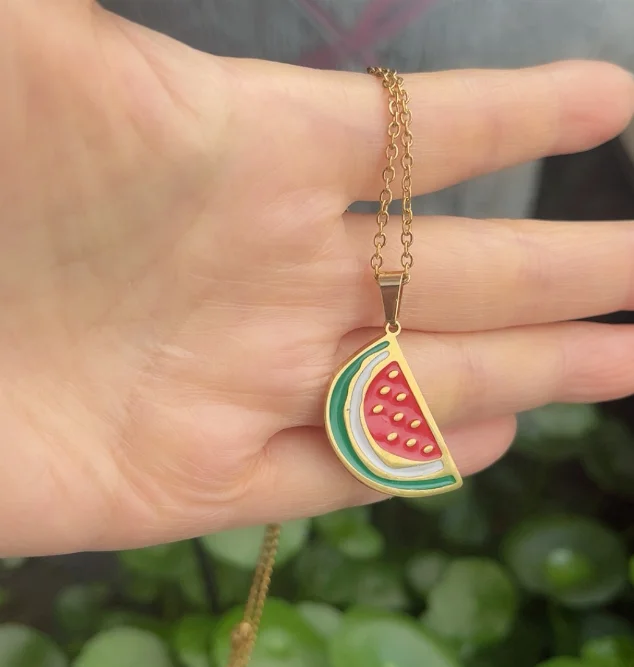 Wholesale New Products Palestine Watermelon Jewelry Fruit Jewelry 316l Stainless Steel Enamel Palestine Watermelon Necklace