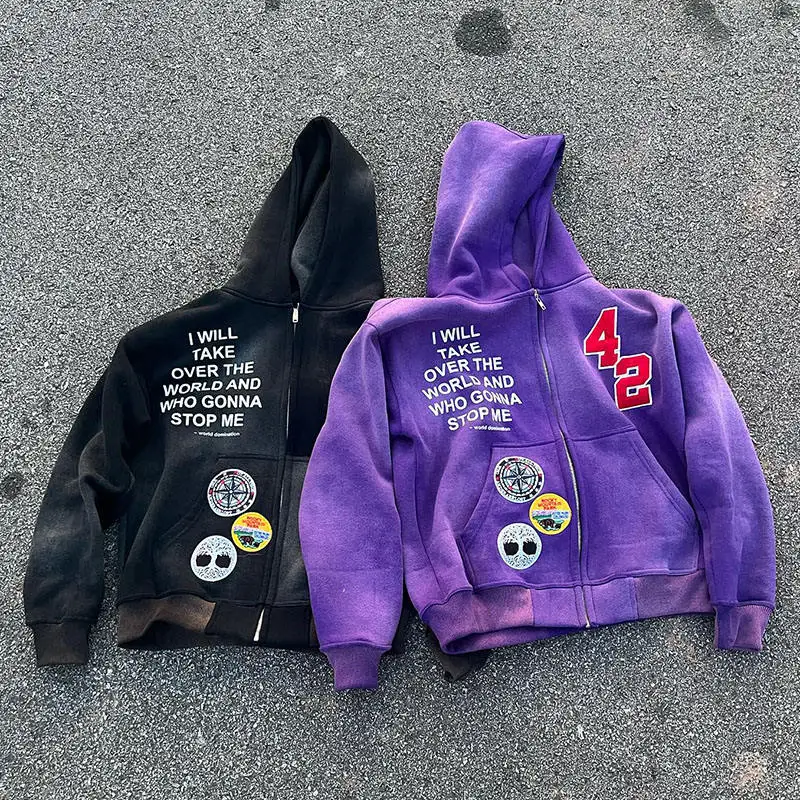 Manufacturers For Customs Clothes 400 500 Gsm Oversized Logo Chenille Patch Embroidery Acid Wash Zip Up Hoodie For Men