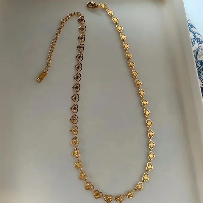 Summer Stainless Steel Linked Hollow Love Heart Necklace 18K Gold Plated Colorful Enamel Choker Necklace Women Vintage Jewelry
