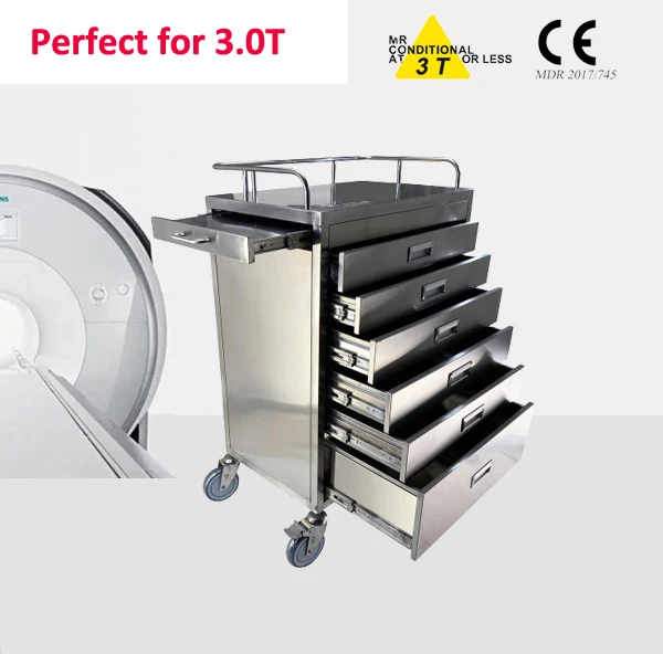 MR conditional emergency trolley with 6 drawers for MR room use/ for 1.5T and 3.0T hospital MR equipment/ CE certified